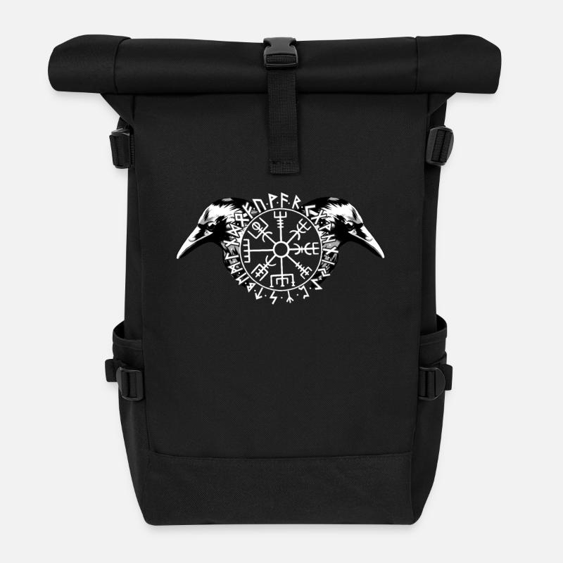 Hugin und Munin mit Futhark und Vegvisir - Rolltop Rucksack - Schwarz