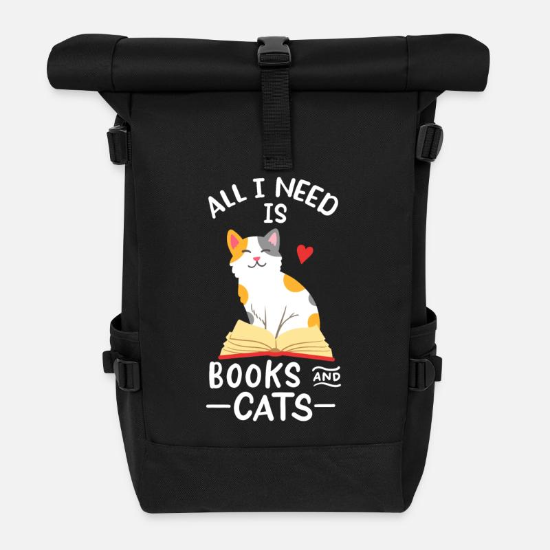 Bücher Katzen - Rolltop Rucksack - Schwarz