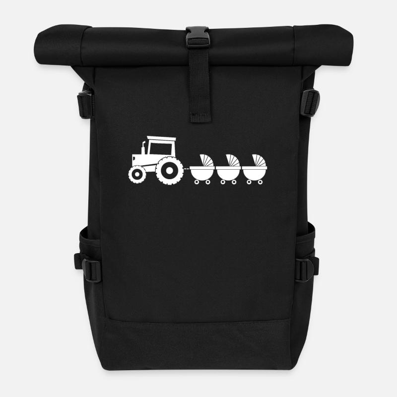 Traktor mit Babywagen - Drillinge - Rolltop Rucksack - Schwarz