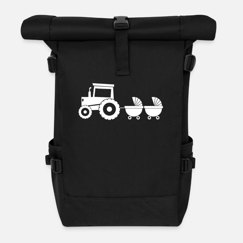 Traktor mit Babywagen - Zwillinge - Rolltop Rucksack - Schwarz