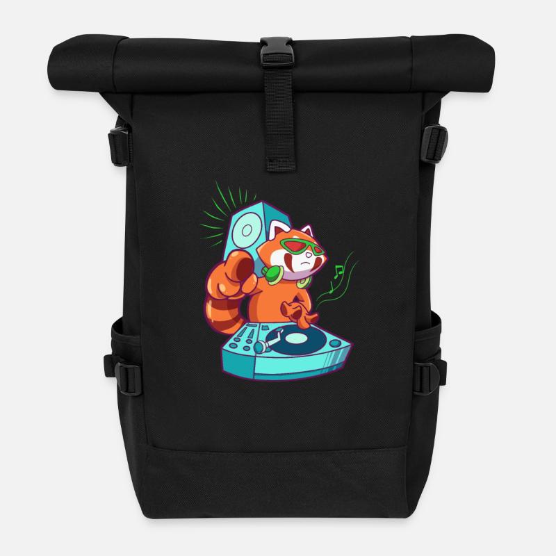 Cartoon Roter Panda DJ am Turntable - Rolltop Rucksack - Schwarz