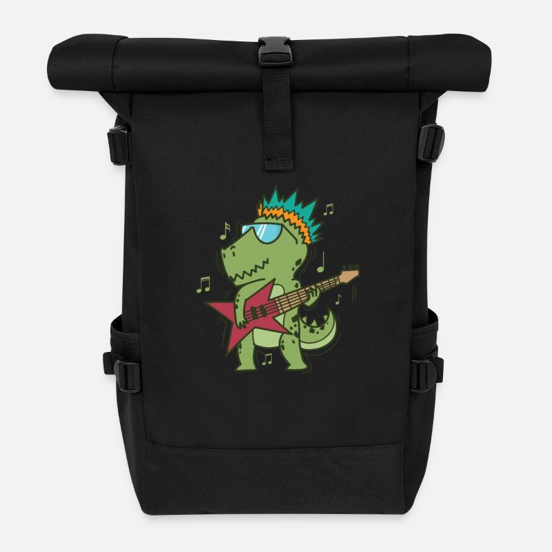Kleiner T-Rex Dino spielt Rockgitarre - Rolltop Rucksack - Schwarz