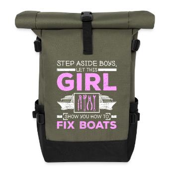 Woman Girl fix boats - Roll Top Backpack - olive/black - Front