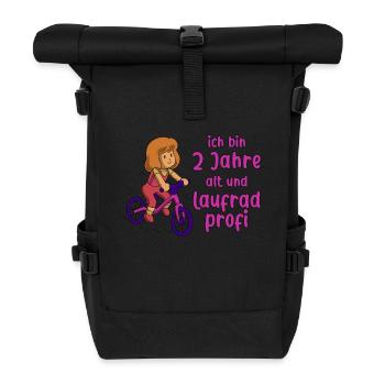 Mädchen 2 Jahre alt und Profi auf dem Laufrad - Rolltop Rucksack - Schwarz - Vorne