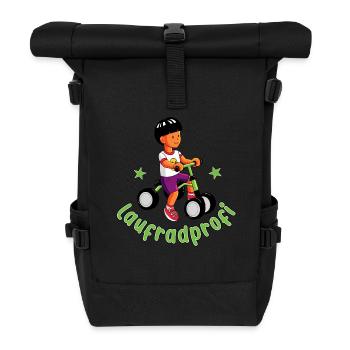 Junge auf dem Laufrad - Laufradprofi - Rolltop Rucksack - Schwarz - Vorne