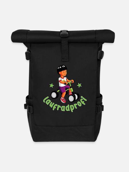 Junge auf dem Laufrad - Laufradprofi - Rolltop Rucksack - Schwarz