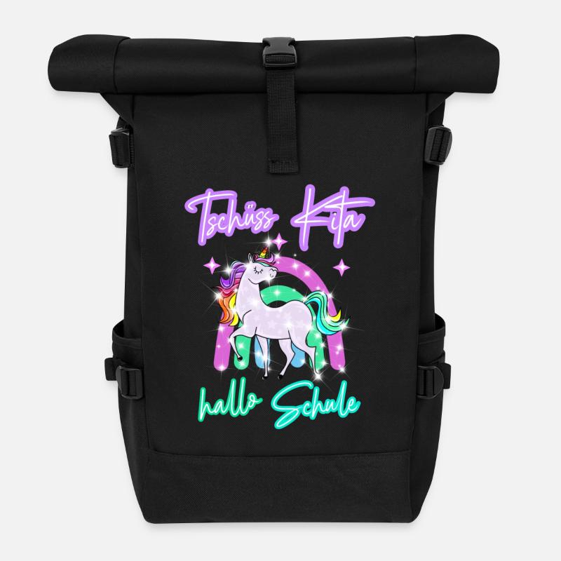 Tschüss Kita! hallo Schule Regenbogen Einhorn - Rolltop Rucksack - Schwarz