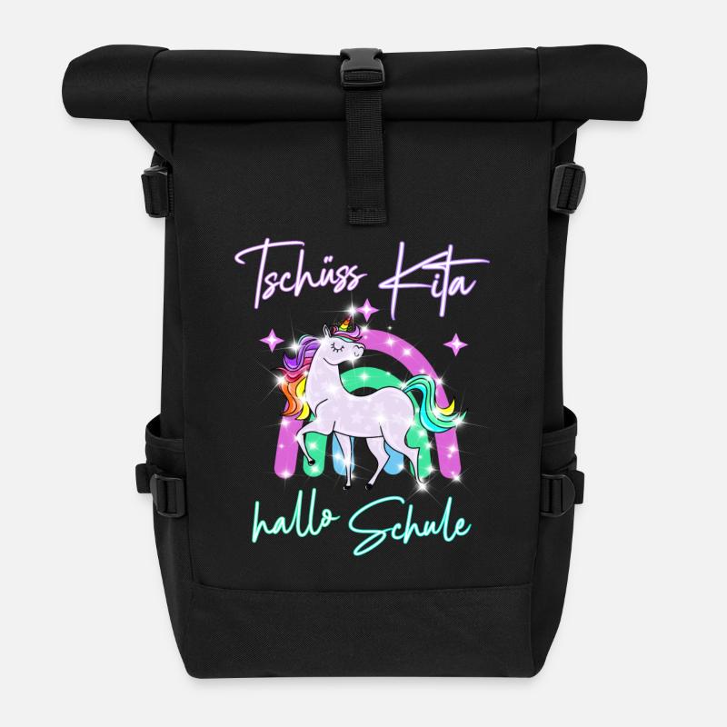 Tschüss Kita! hallo Schule Regenbogen Einhorn - Rolltop Rucksack - Schwarz