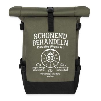 Schonend Behandeln 50. Geburtstag Altes Wrack 50 - Rolltop Rucksack - Olive/Schwarz - Vorne