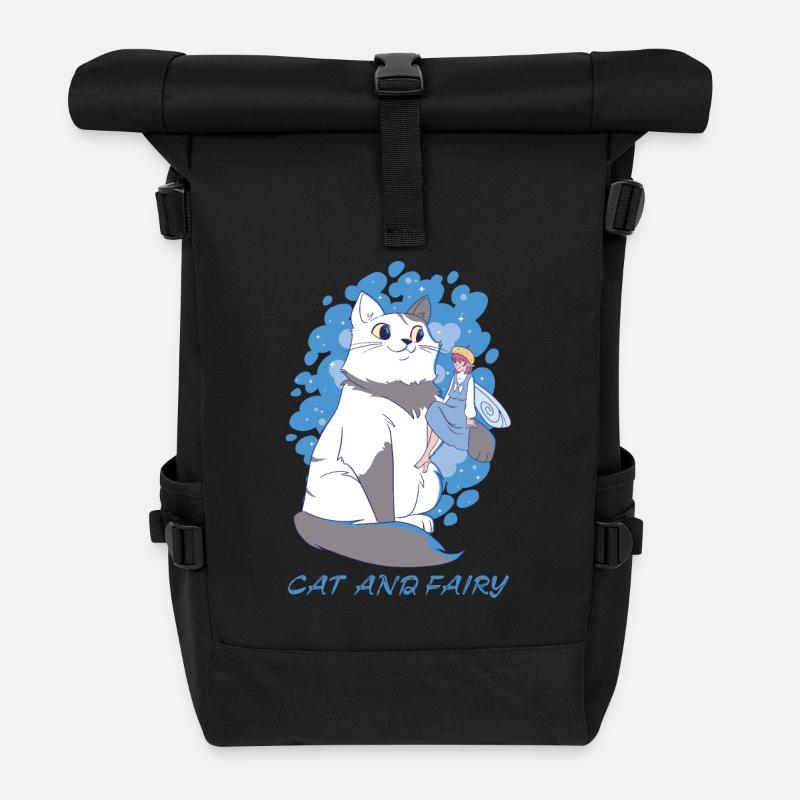 Cat and Fairy - Roll Top Backpack - black