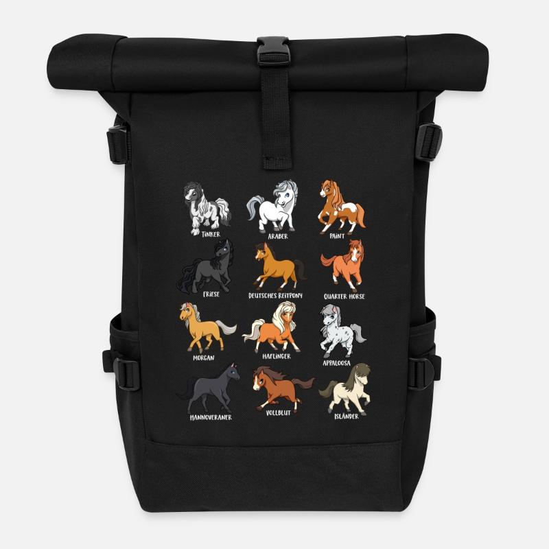 Viele Pferderassen - Cartoon Kawaii Pferde - Rolltop Rucksack - Schwarz