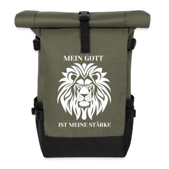 Mein Gott ist meine Stärke Löwe - Rolltop Rucksack - Olive/Schwarz - Vorne
