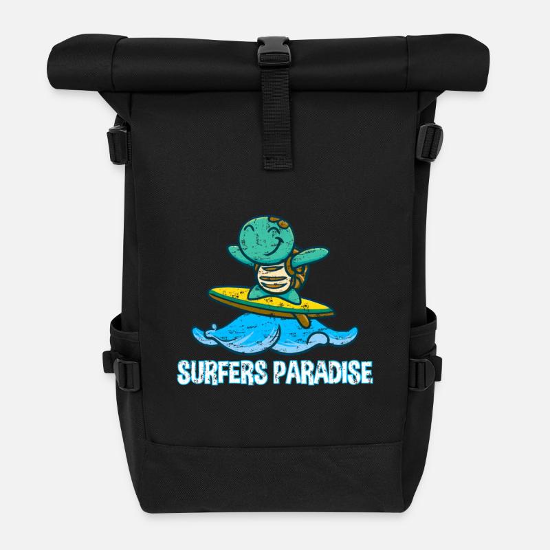 Süße Kawaii-Schildkröte auf Surfbrett mit Surfers - Rolltop Rucksack - Schwarz