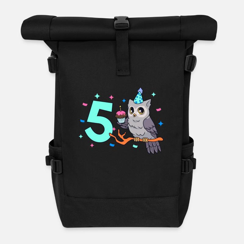 Mit Eule - Kinder Geburtstag 5 Jahre - Rolltop Rucksack - Schwarz
