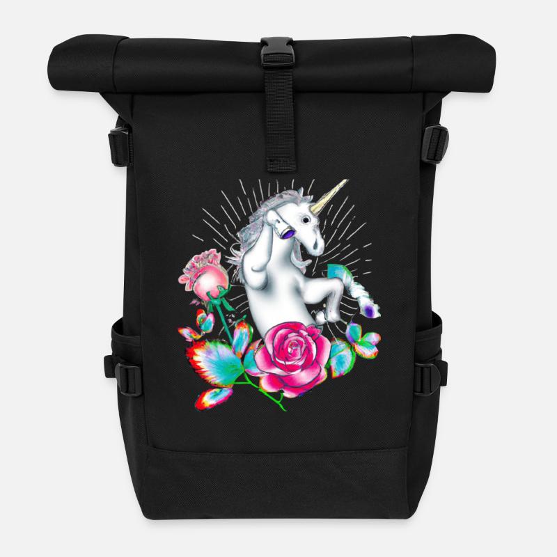 Licorne enchantée et fantaisie florale - Sac à dos roll top - noir