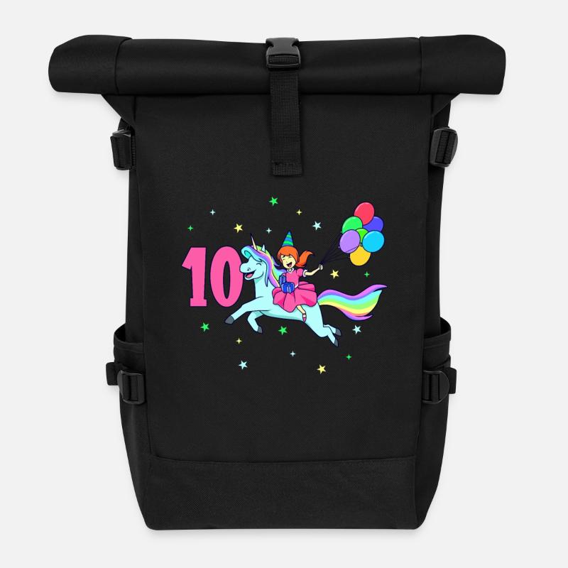 Mit Einhorn - Mädchen Geburtstag 10 Jahre - Rolltop Rucksack - Schwarz