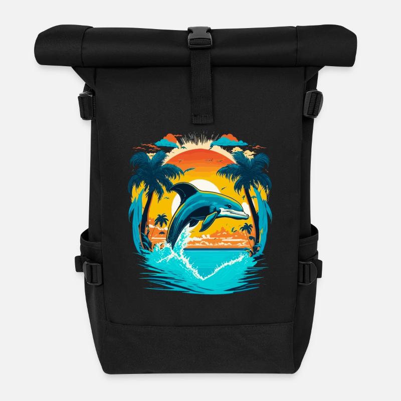 Springender Delphin im Sonnenuntergang - Rolltop Rucksack - Schwarz