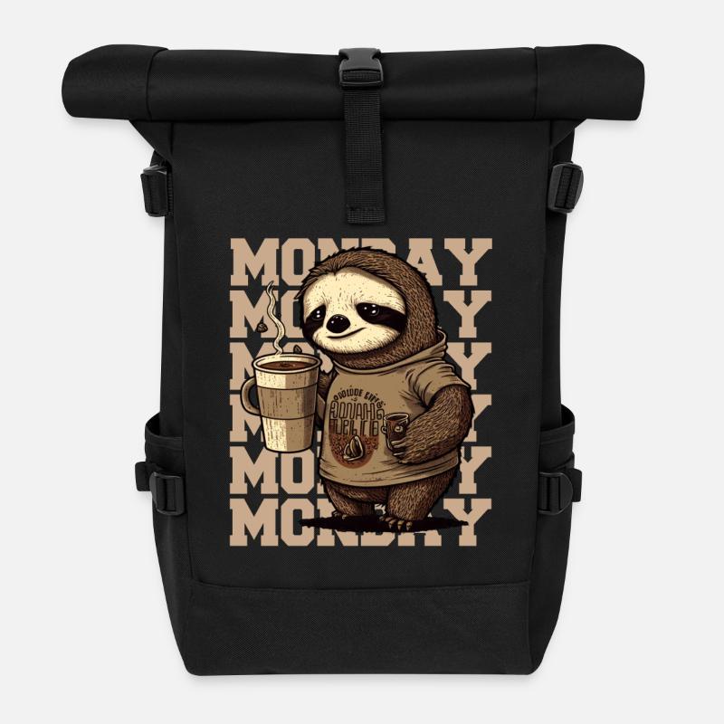 Müdes Faultier mit riesigem Kaffeebecher am Montag - Rolltop Rucksack - Schwarz