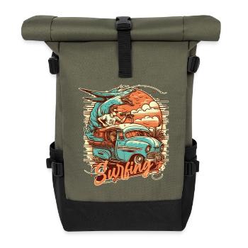 Surfeur et animal fantastique dans le bus lors d’un voyage de surf - Sac à dos roll top - olive/noir - Devant