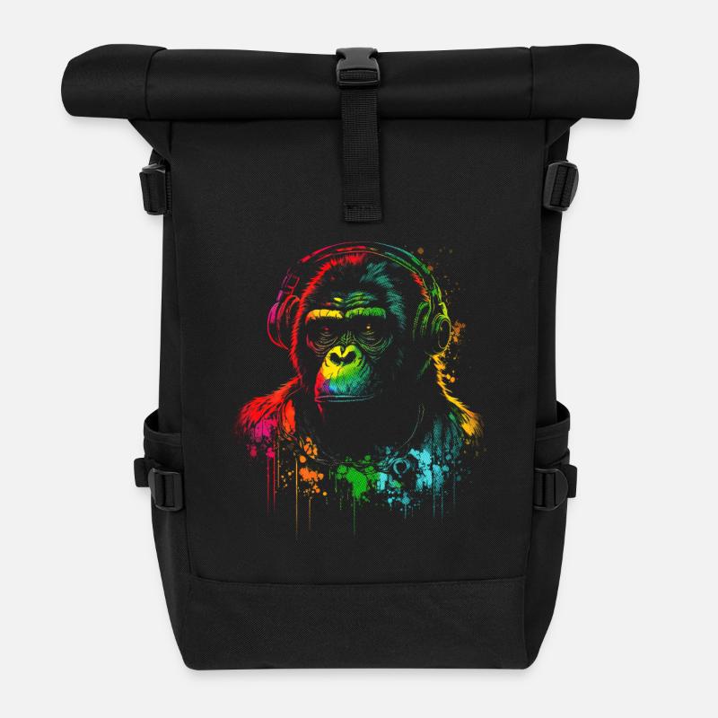 Regenbogen Gorilla Kopfhörer - Rolltop Rucksack - Schwarz