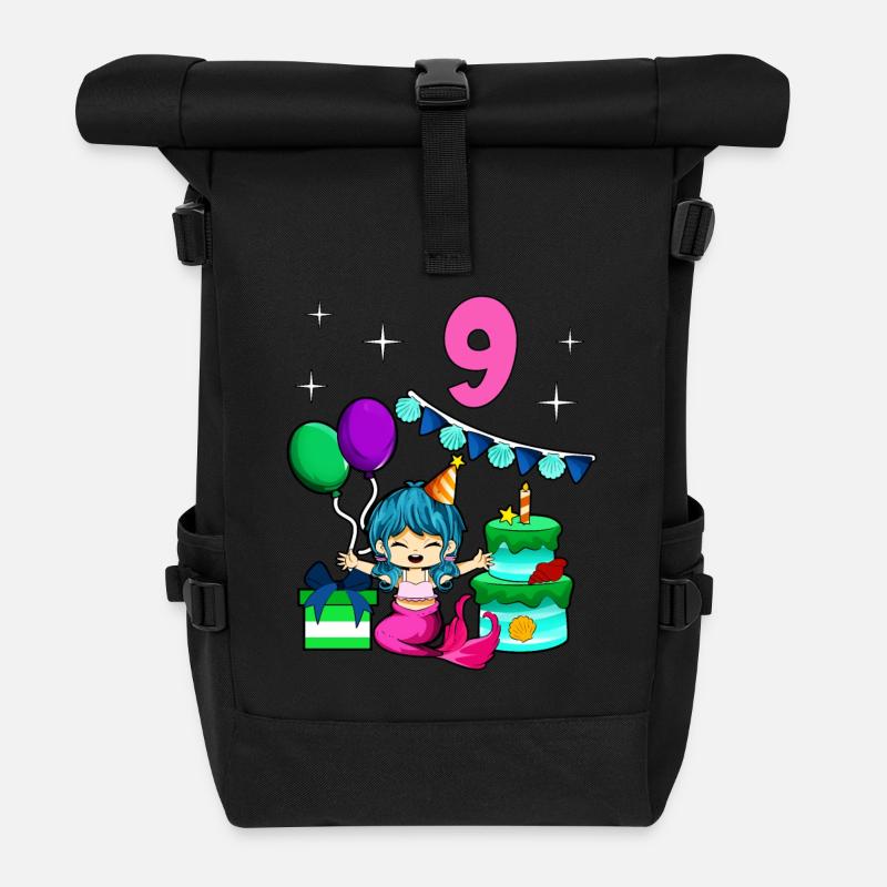 Mit Meerjungfrau - Mädchen Geburtstag 9 Jahre - Rolltop Rucksack - Schwarz