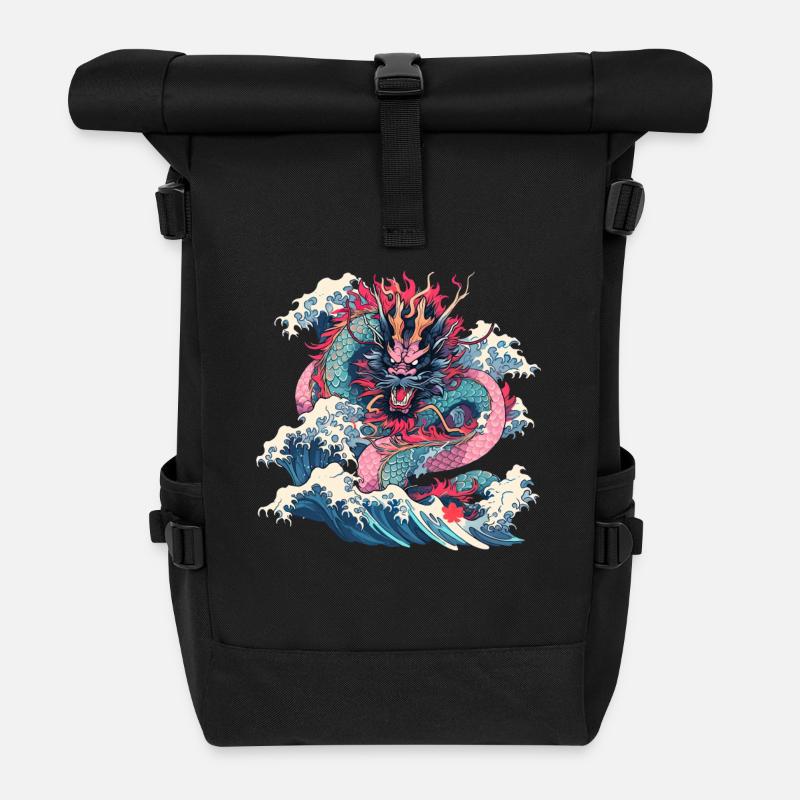 Tokio Asien 80er Japanischer Retro Drache Drachen - Rolltop Rucksack - Schwarz
