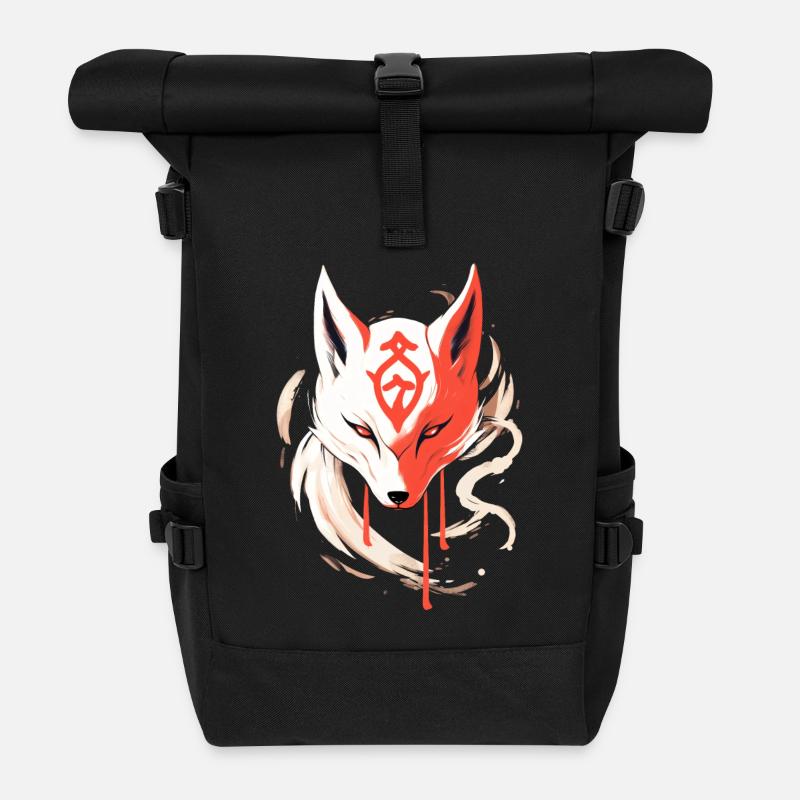 Kitsune Mask Japan Anime Kumiho Fox Samurai - Roll Top Backpack - black