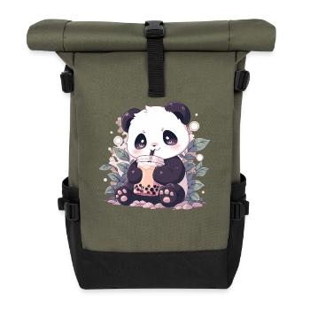 Kawaii Panda trinkt Boba Bubble Tea Chibi - Rolltop Rucksack - Olive/Schwarz - Vorne
