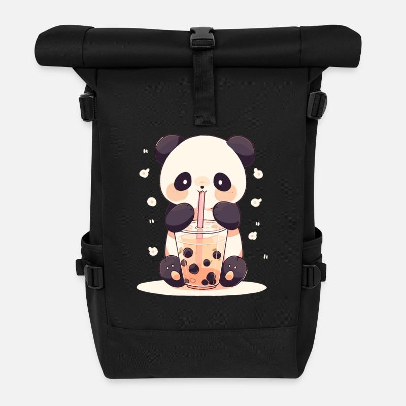 Kawaii Panda boit Boba Bubble Tea Chibi - Sac à dos roll top - noir