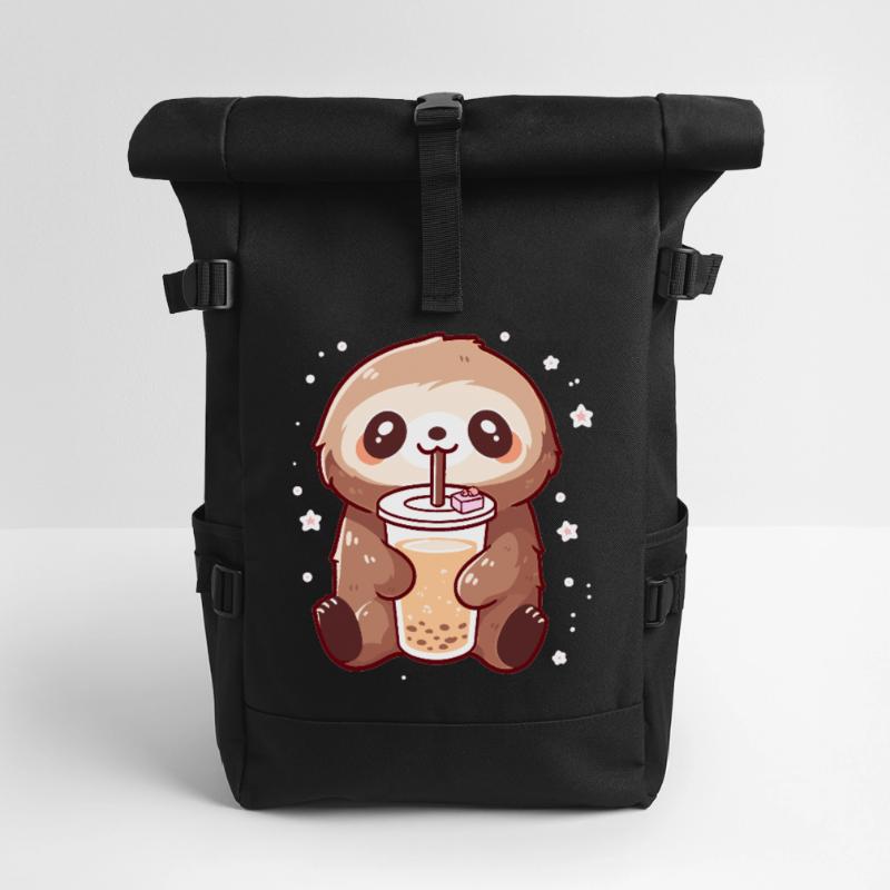 Kawaii Sloth Drinks Boba Bubble Tea Chibi Roll Top Backpack