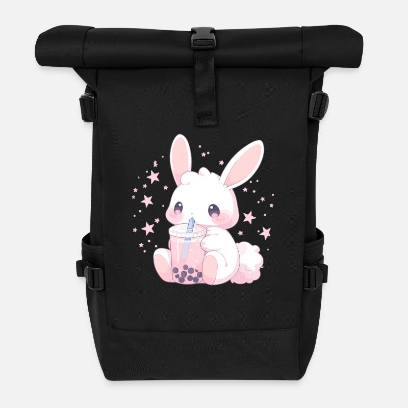 Kawaii Hase trinkt Boba Bubble Tea Chibi - Rolltop Rucksack - Schwarz
