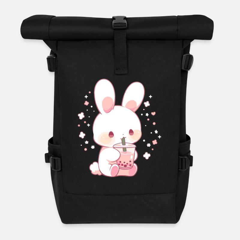 Kawaii Hase trinkt Boba Bubble Tea Chibi - Rolltop Rucksack - Schwarz