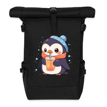 Kawaii Pinguin trinkt Boba Bubble Tea Chibi - Rolltop Rucksack - Schwarz - Vorne