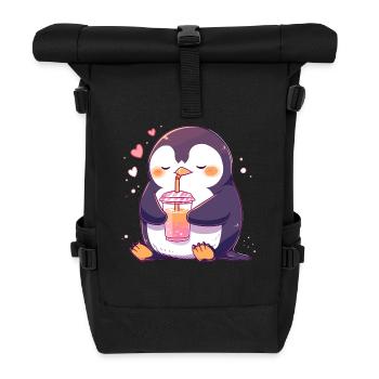 Kawaii Pinguin trinkt Boba Bubble Tea Chibi - Rolltop Rucksack - Schwarz - Vorne