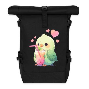 Kawaii Lovebird Drinks Boba Bubble Tea Chibi - Roll Top Backpack - black - Front