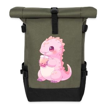 Kawaii Dinosaur Drinks Boba Bubble Tea Chibi - Roll Top Backpack - olive/black - Front