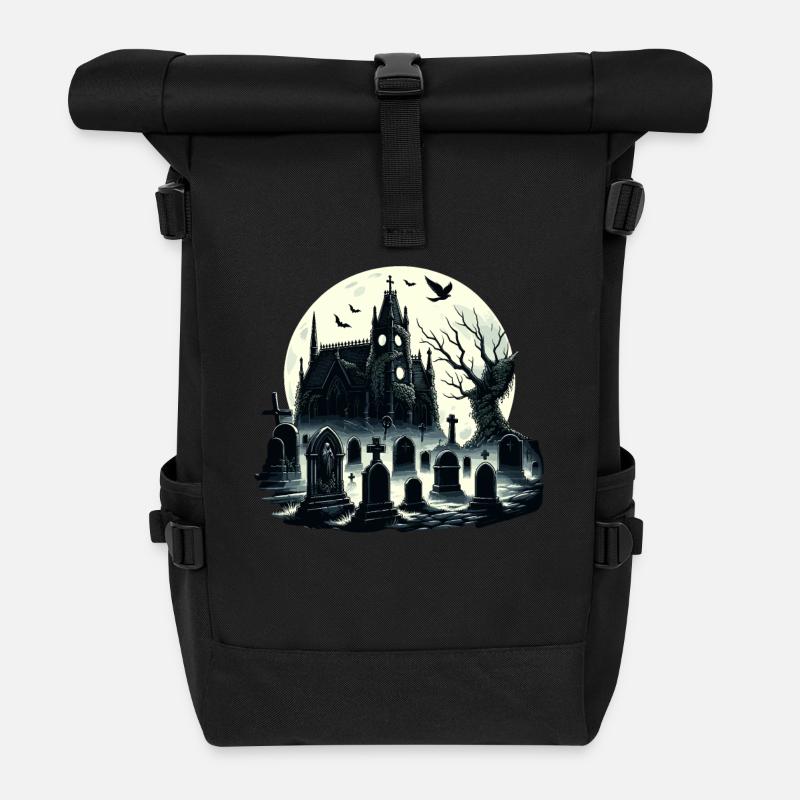 Rätselhafter gotischer Friedhof: Nebliges Mondlicht - Rolltop Rucksack - Schwarz