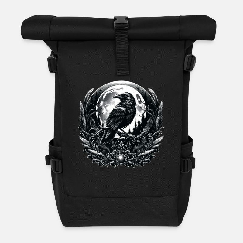 Mystischer Rabe und Mond: Gothic-Eleganz - Rolltop Rucksack - Schwarz