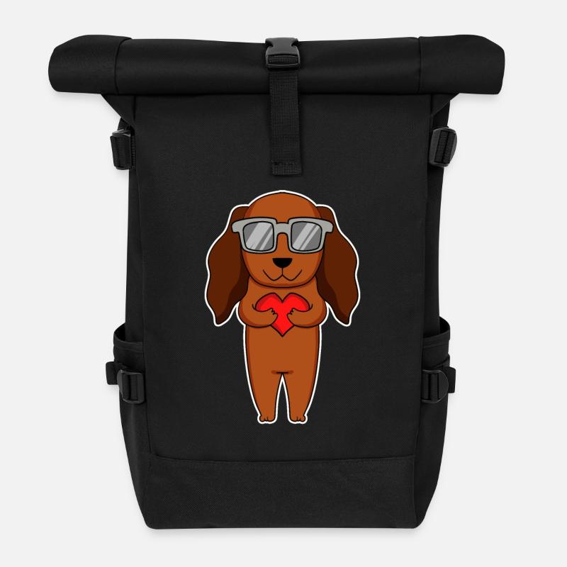 Hund mit Herz und Brille - Dackel - Rolltop Rucksack - Schwarz