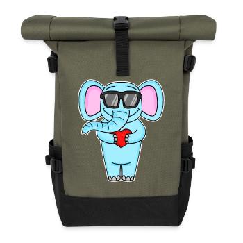 Elefant mit Herz und Brille - Rolltop Rucksack - Olive/Schwarz - Vorne