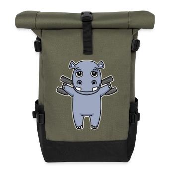 Nilpferd Hantel Training Krafttraining Fitness - Rolltop Rucksack - Olive/Schwarz - Vorne