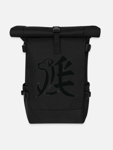 Hund Chinesisches Tierkreiszeichen-Kalligraphie-Symbol - Rolltop Rucksack - Schwarz