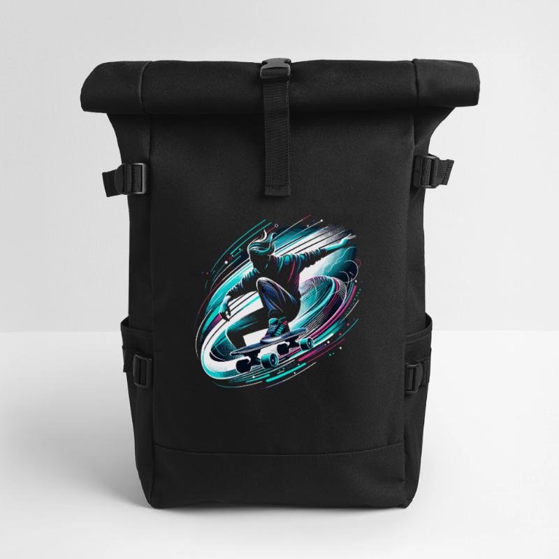 Longboarder auf Skateboard oder Longboard Rolltop Rucksack