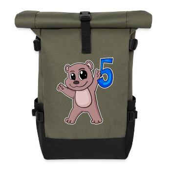 5th Birthday Motif Bear - Five Years Old - Roll Top Backpack - olive/black - Front