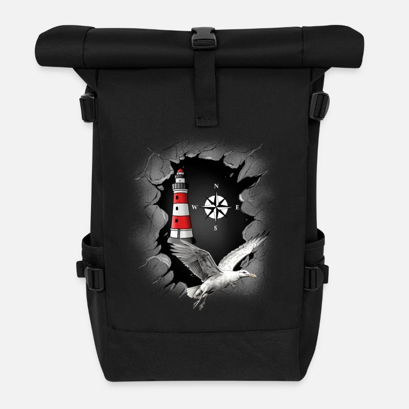 Möwe Leuchtturm Kompass maritim Ahoi - Rolltop Rucksack - Schwarz