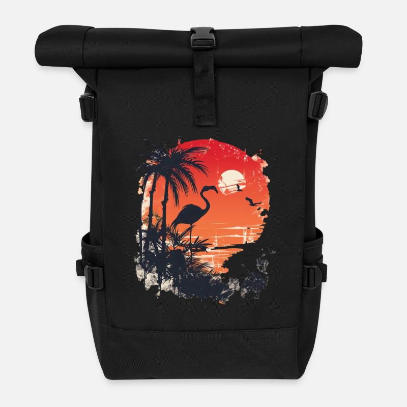 Flamingo Illustration - Rolltop Rucksack - Schwarz
