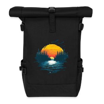 Sunset Forest And Birds Motif - Roll Top Backpack - black - Front