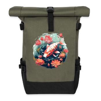 Vintage 80er Retro Japanisch Asiatisch Koi Karpfen - Rolltop Rucksack - Olive/Schwarz - Vorne