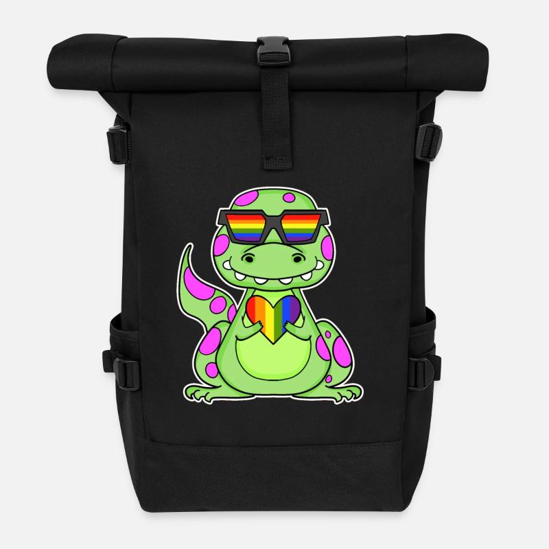 Dino Regenbogen Herz Dinosaurier Motiv - Rolltop Rucksack - Schwarz