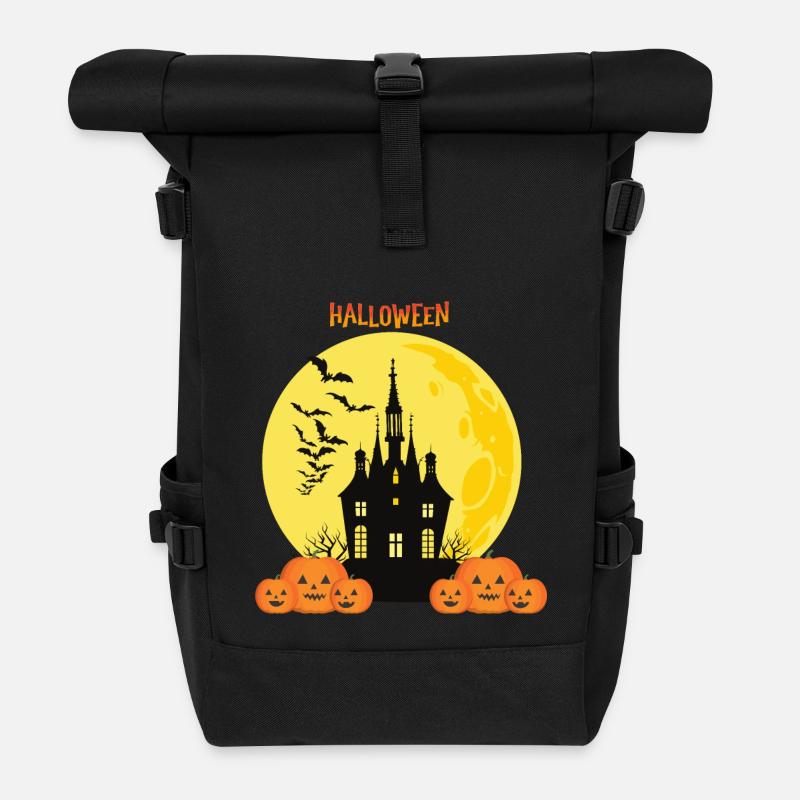 Halloween castle with pumpkins and moon - Roll Top Backpack - black
